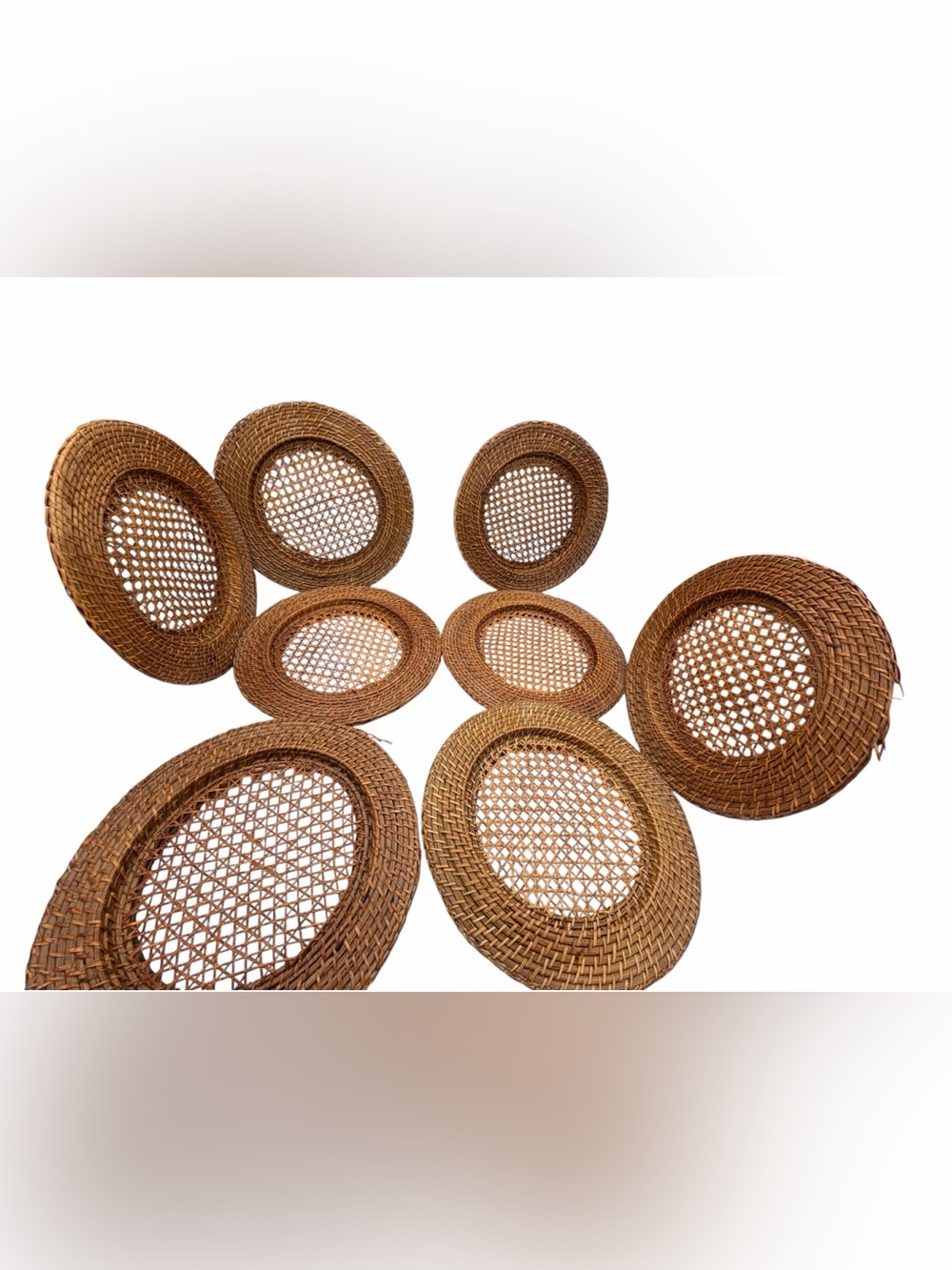 8 Handwoven Round Wicker Charger Plate Dark Brown Rattan Boho Decor.